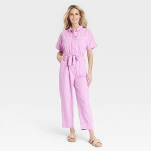 Women's Short Sleeve Button-Front Boilersuit - Universal Thread Pink 4